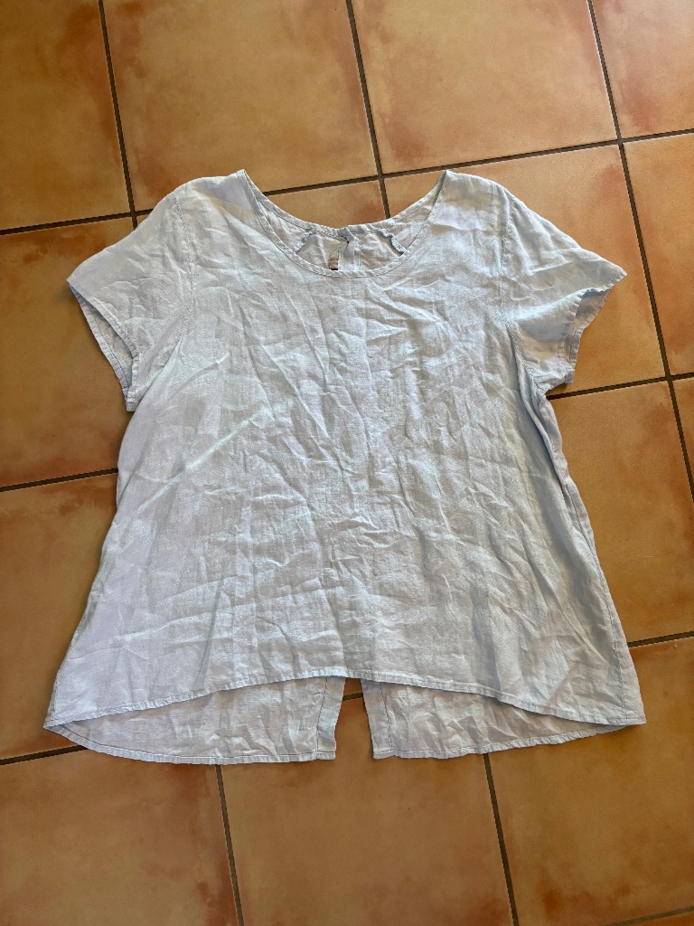 FLAX 100% Linen Blue Short Sleeve Button Up Shirt Top Blouse Size L Lagenlook